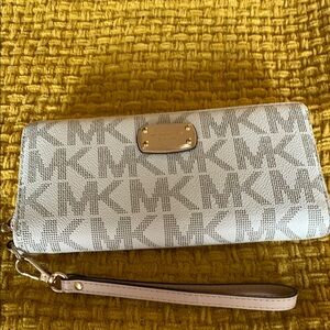 Michael Kors Collection Cream and Gray Wallet with MK Pattern and Wrist Strap